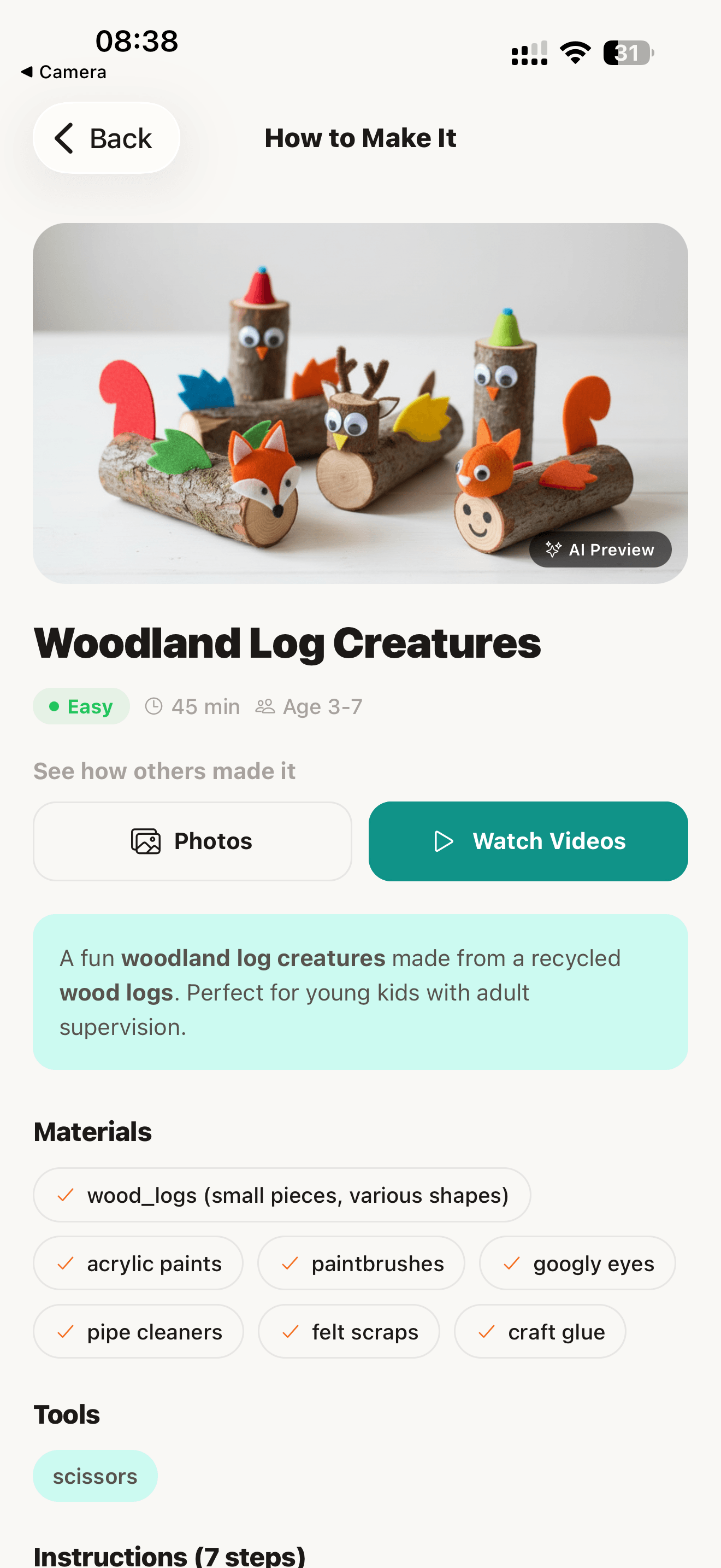 Scan2toy app — Woodland Log Creatures idea with AI preview, materials list, and step-by-step instructions
