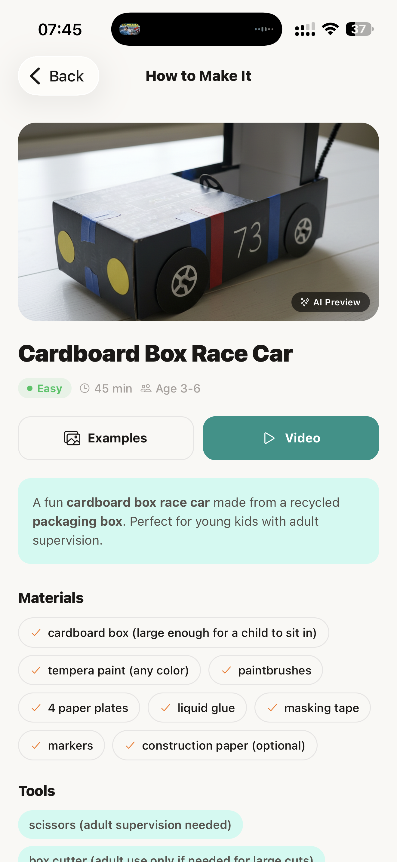 Scan2toy app — Cardboard Box Race Car idea with AI preview, materials list, and step-by-step instructions